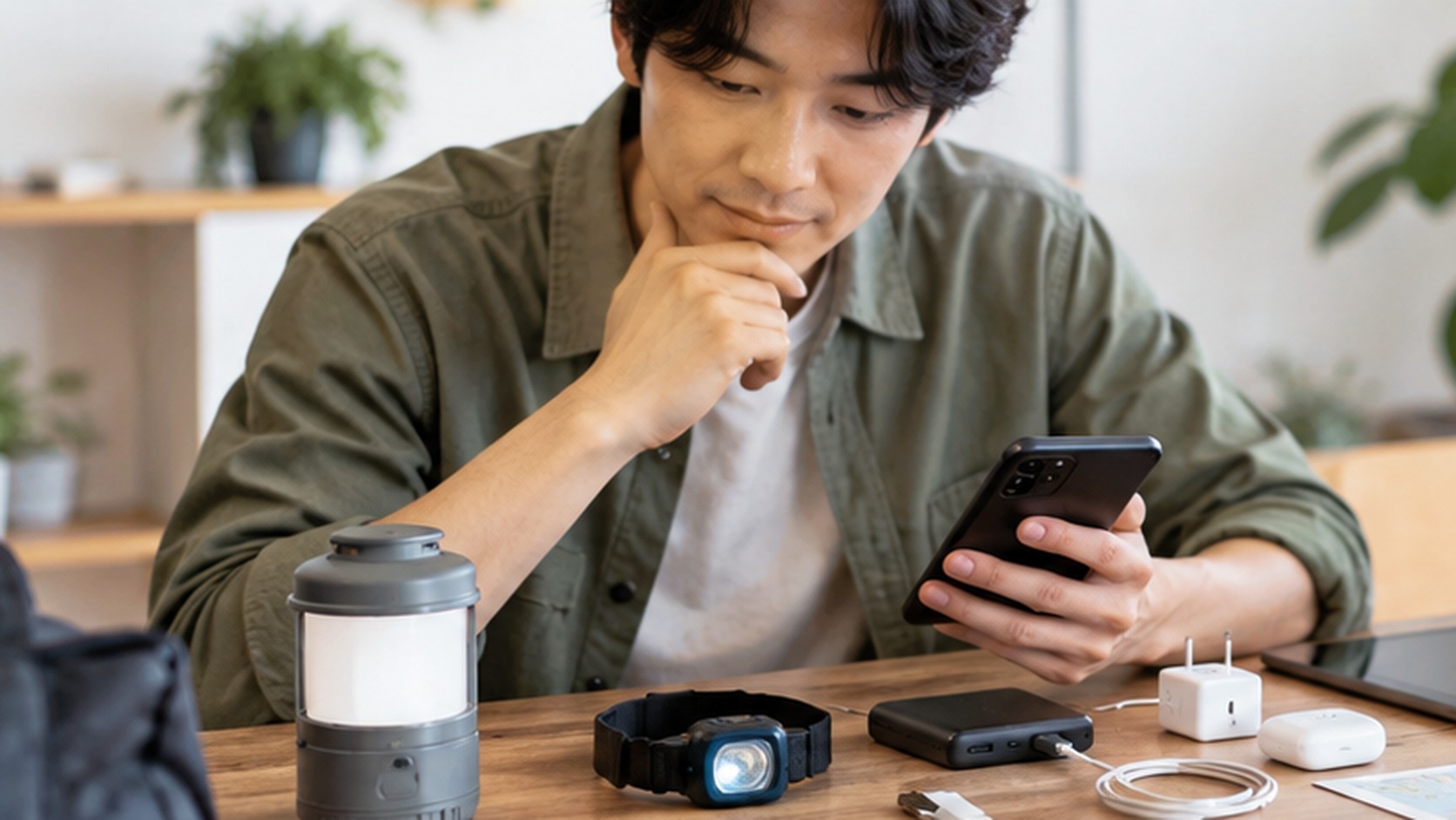 車中泊の準備で、手持ちのスマホやライト、モバイルバッテリーなどの充電用品を自宅で確認する様子