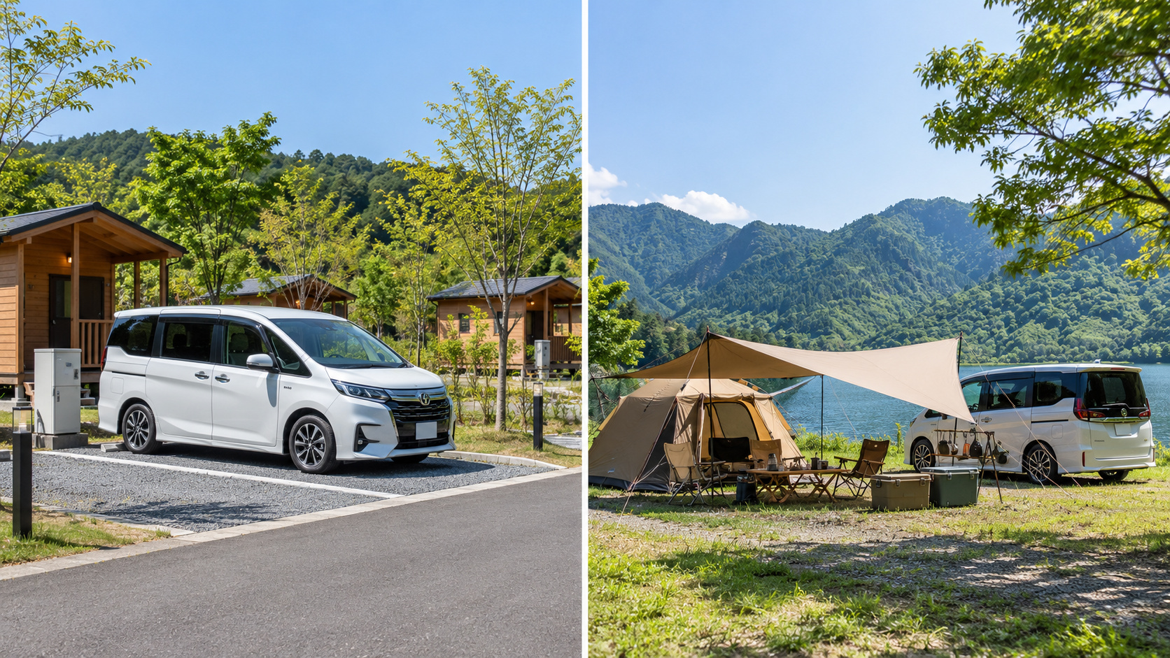 整備された車中泊用の駐車区画と、車のそばにテントを設けたオートキャンプ場を並べて比較
