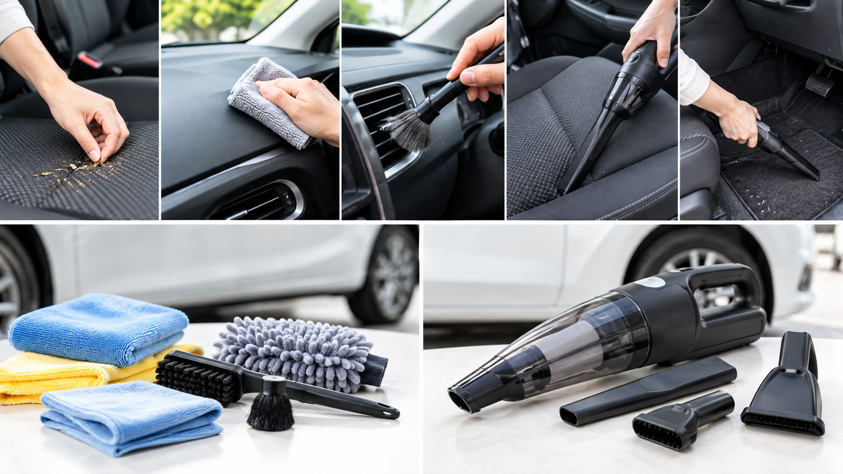 車内の大きなゴミを拾い、クロスで拭き、ブラシや掃除機で座席のすき間と足元を清掃する手順