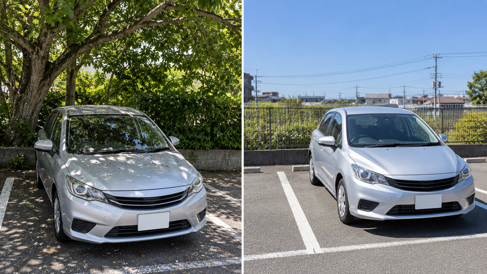 木の枝の下でボンネットが汚れた車と、頭上が開けた駐車区画に停めた車の比較