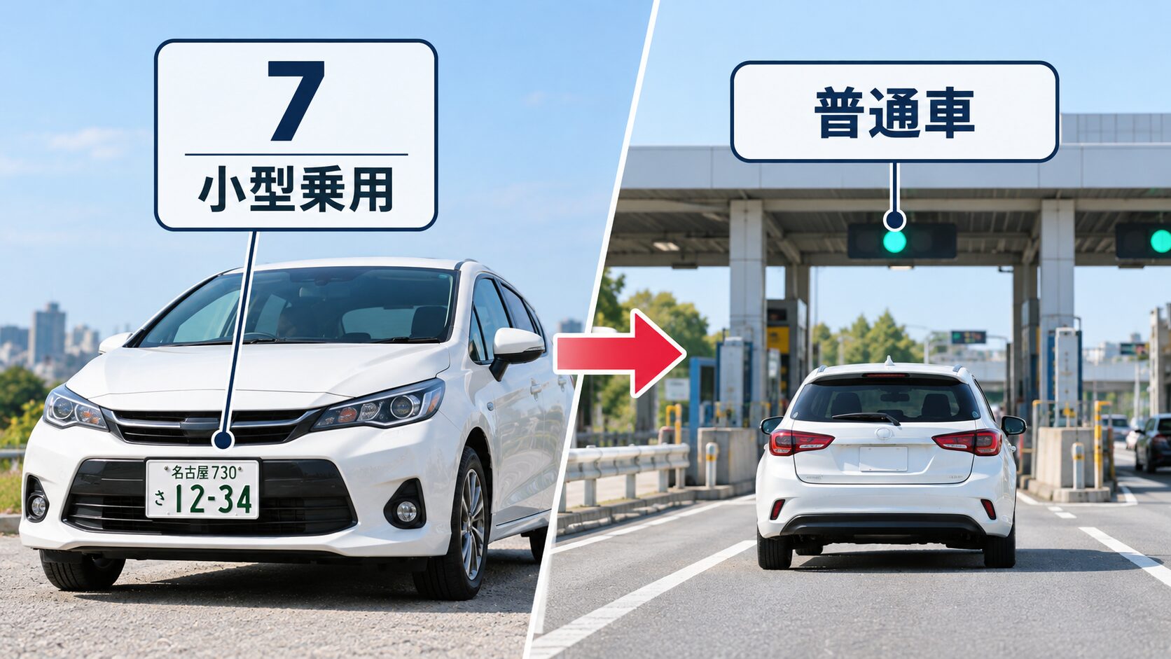 登録上の7ナンバーの小型乗用車と、高速道路料金上の普通車という区分の違いを示した図