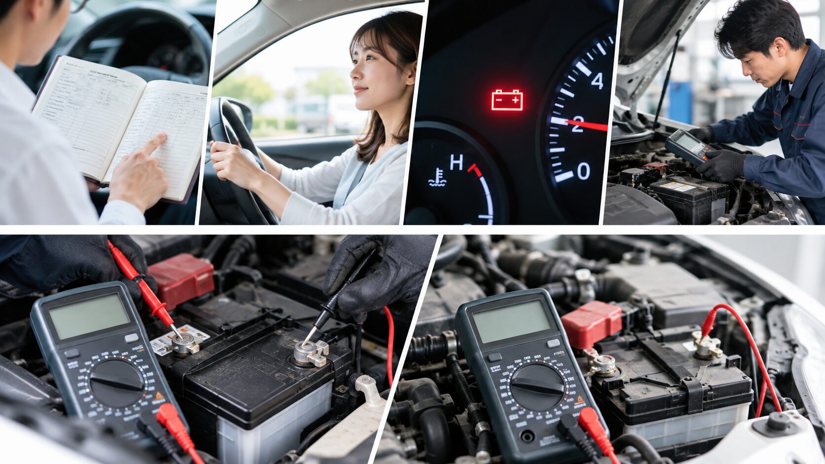 整備士が電圧計でバッテリーを測る手元と運転時の様子を並べ、測定時の車両状態も確認する重要性を示す