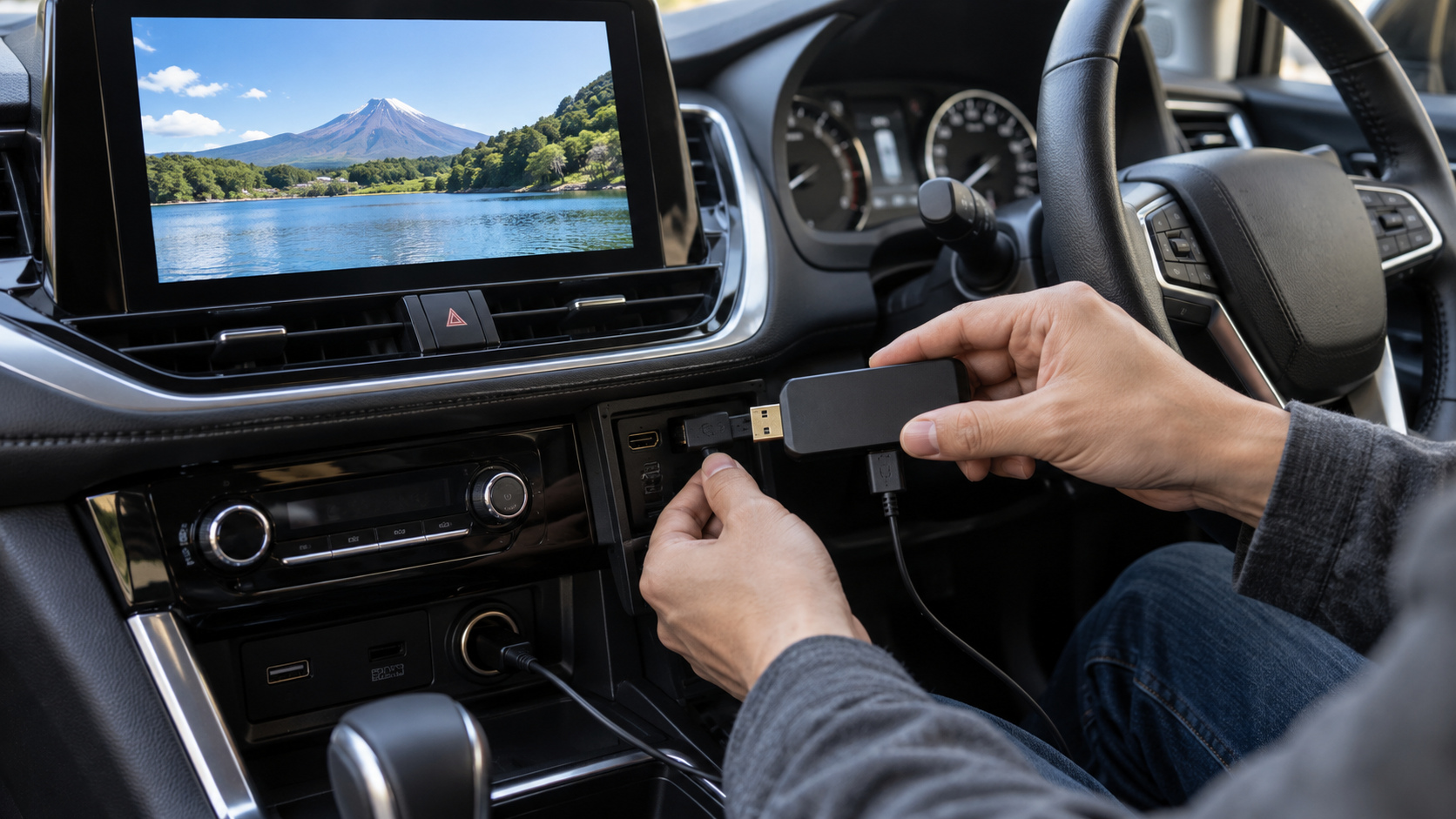 車載機のHDMI入力に動画再生スティックをつなぐため、電源ケーブルと端子を確認する手元