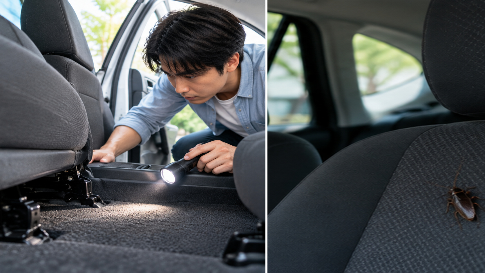 停車した車の外から懐中電灯でシート下を調べ、座席に見えるゴキブリを確認する様子