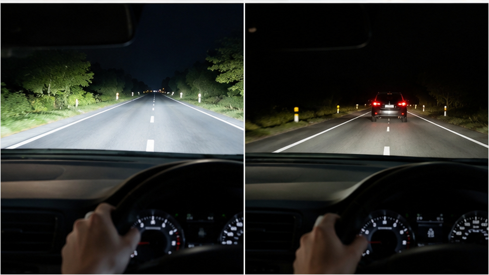 車のいない暗い道路を遠くまで照らすハイビームと、先行車の後ろを走るロービームの見え方の比較