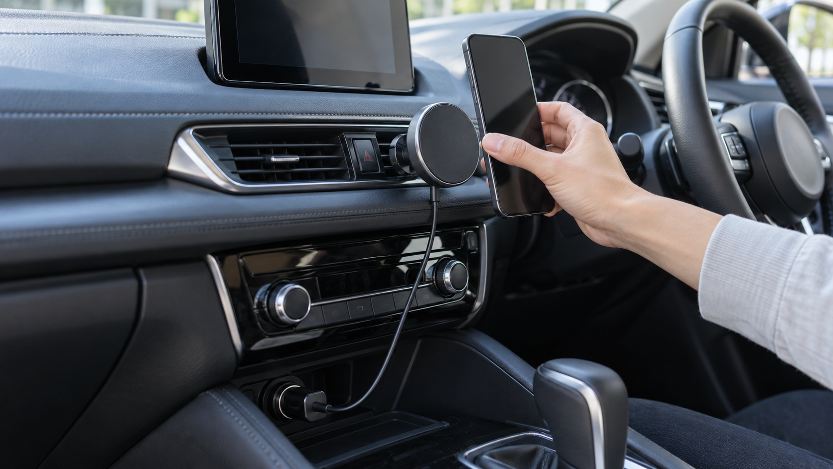 車内の磁石式充電ホルダーへスマホを近づけ、ホルダーから車載電源へケーブルを接続した状態