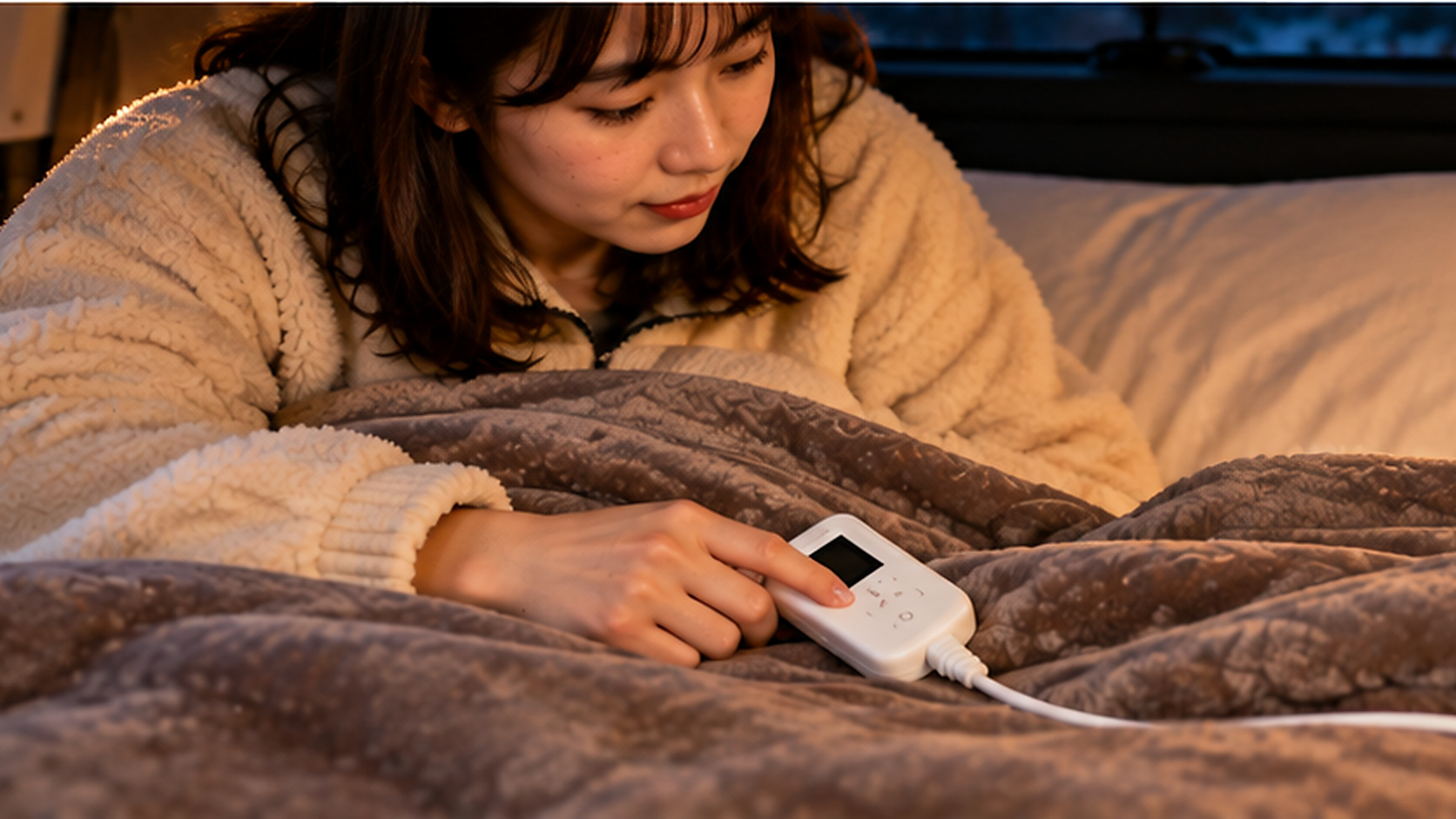 車中泊で就寝前に電気毛布のコントローラーを操作し、使用を終える準備をする様子