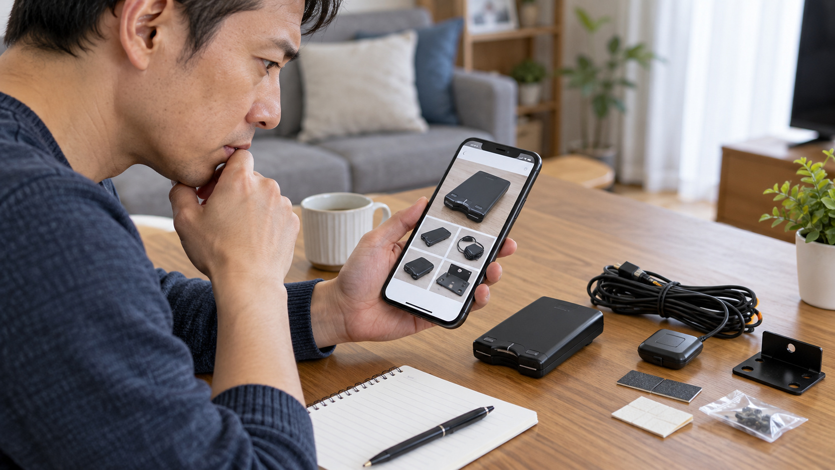 中古ETC車載器の購入前に、スマートフォンの商品写真と本体や付属品を見比べる様子