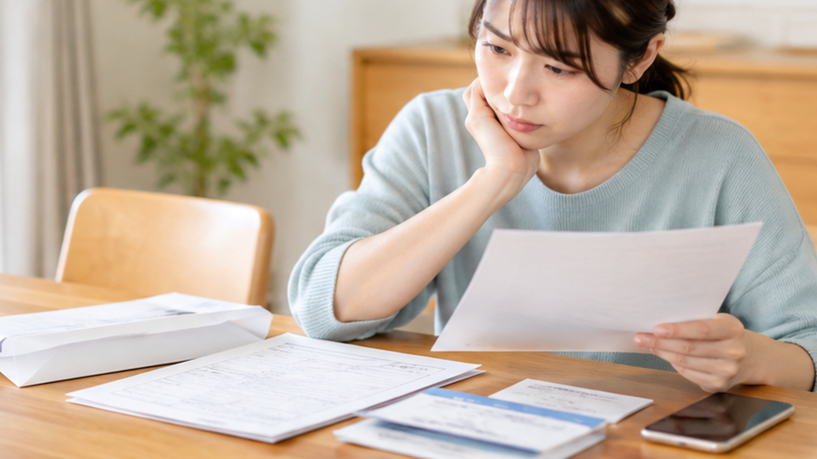 ETCパーソナルカードの申込後に届いた書類を見ながら、手続き状況を確認する女性
