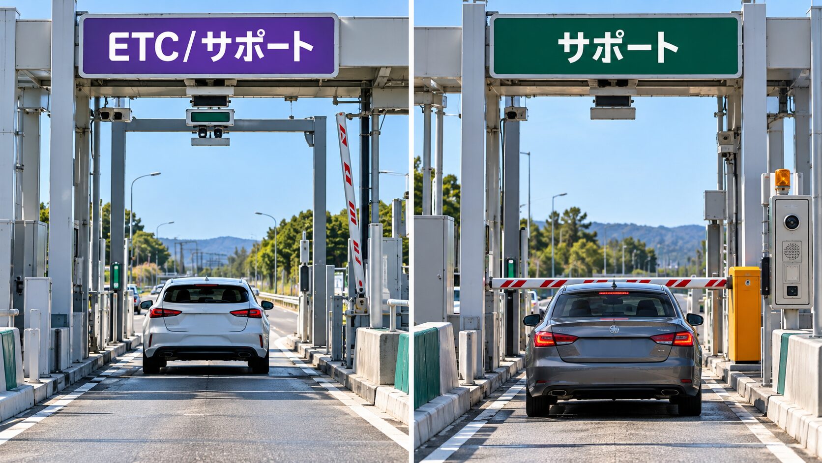 ETC無線通行にも対応するETC/サポートの開いたバーと、一旦停止して案内を受けるサポートレーンを左右で比較