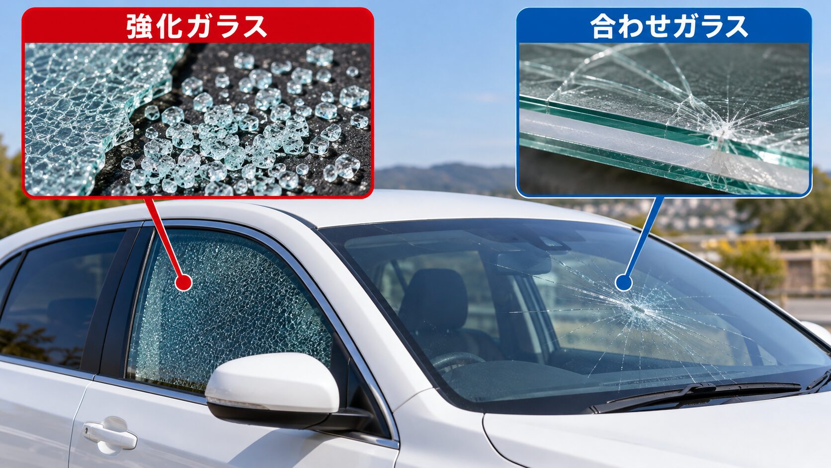 細かく砕ける強化ガラスと、中間膜が破片を保持する合わせガラスの違いを車の窓とともに示した図