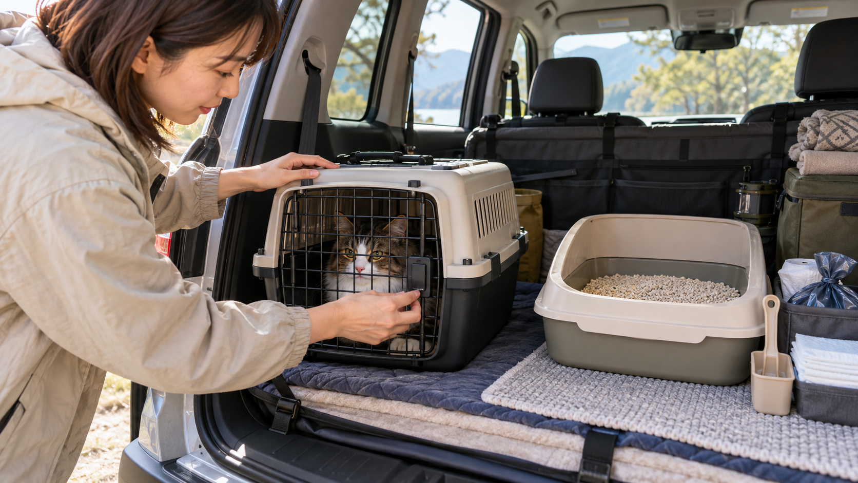猫を車内のキャリーに入れて扉の留め具を確認し、隣に猫用トイレを準備する様子