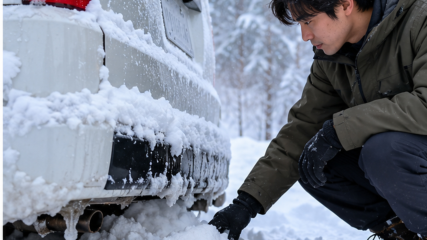 冬の車中泊で、積雪により車の排気口周辺が塞がれていないか確認している様子