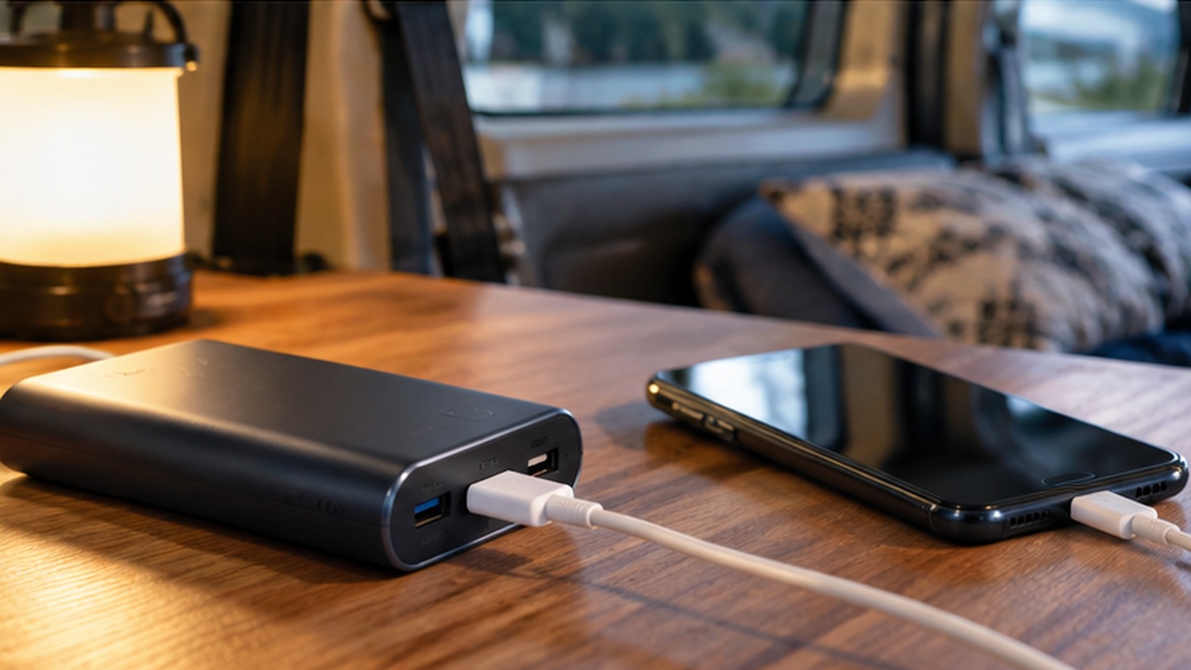 車中泊の車内で、小型モバイルバッテリーからスマホへUSBケーブルで充電する様子