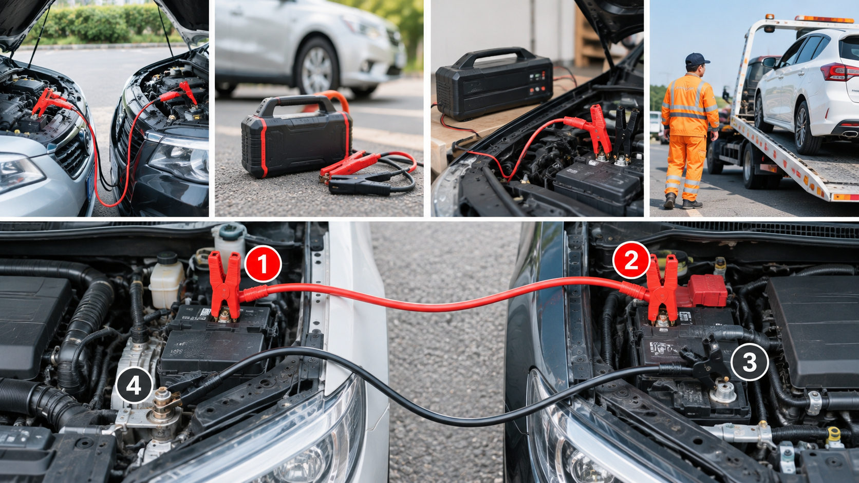 バッテリー上がりの対処方法として、救援車とケーブル、ジャンプスターター、家庭用充電器、ロードサービスを見比べた構成