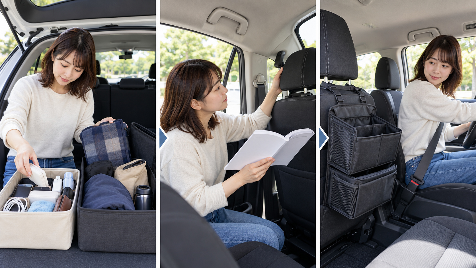 車内の荷物を仕分け、説明書で取り付け位置を確認してから、座席背面の収納用品を装着する手順