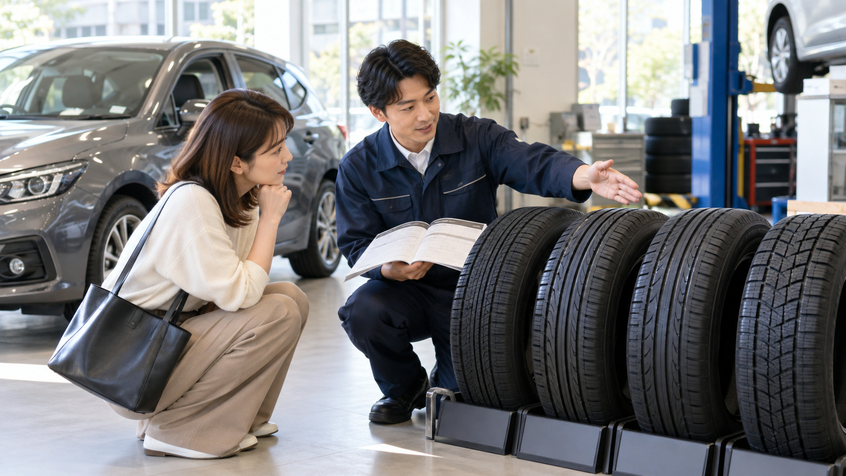 タイヤ専門店で整備スタッフと実物を見比べ、車に合うタイヤ選びについて相談する様子