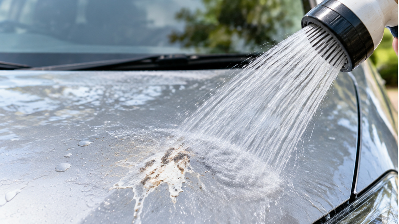 車のボンネットに付着した鳥のフンを、ホースの流水で洗い流している様子
