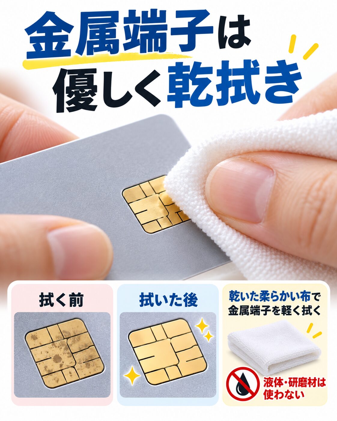 ICチップの汚れを乾いた布で拭く