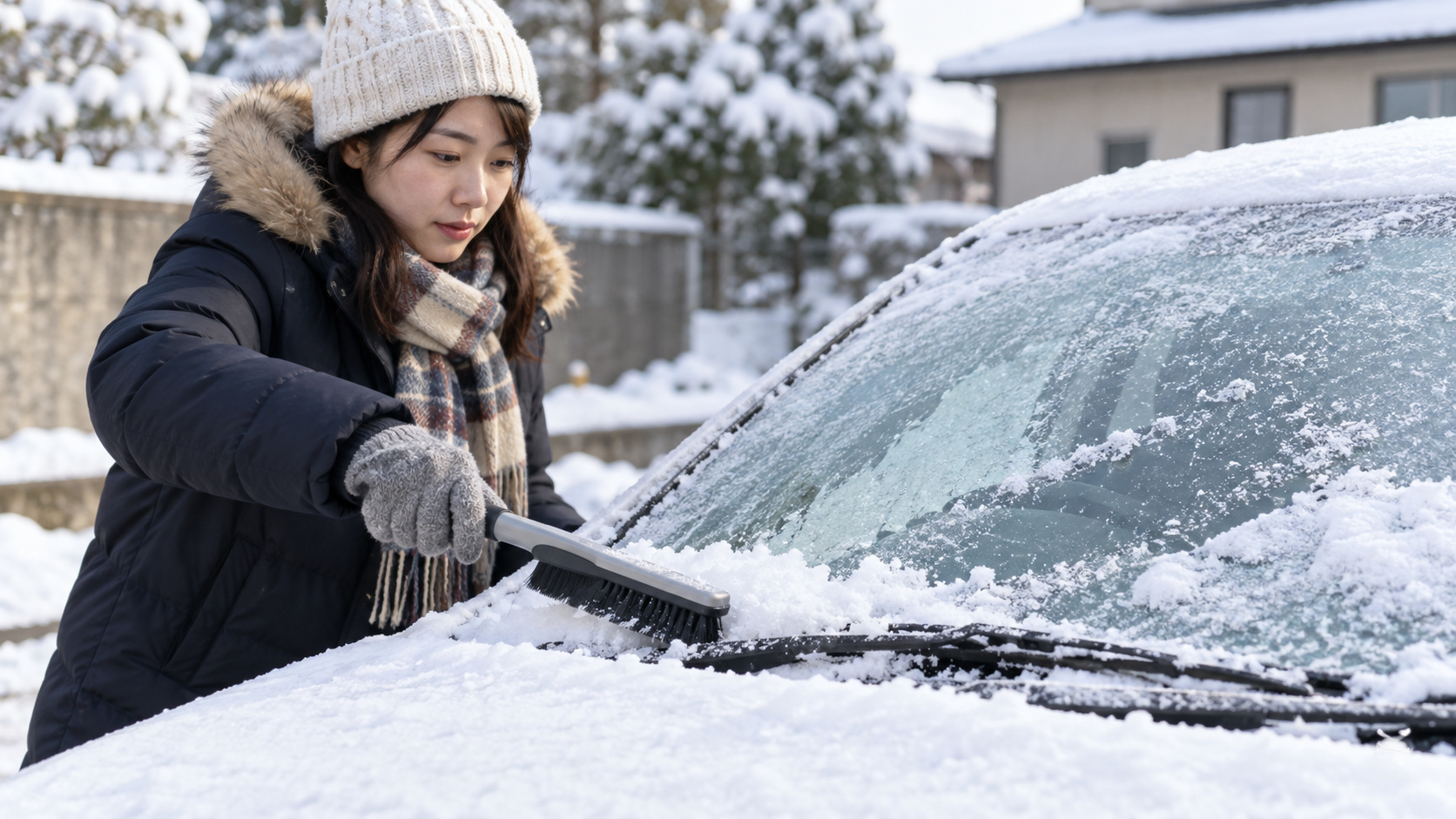 雪の積もった駐車中の車で、ワイパー周辺の雪をブラシで慎重に取り除いている様子