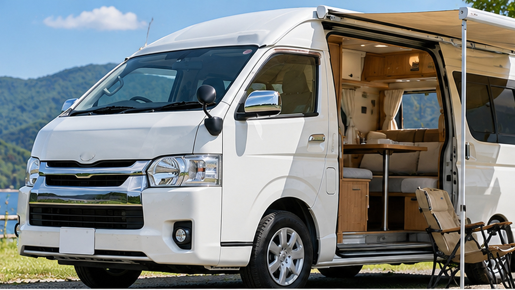 車内にテーブルや居住設備が見えるキャンピング車の例