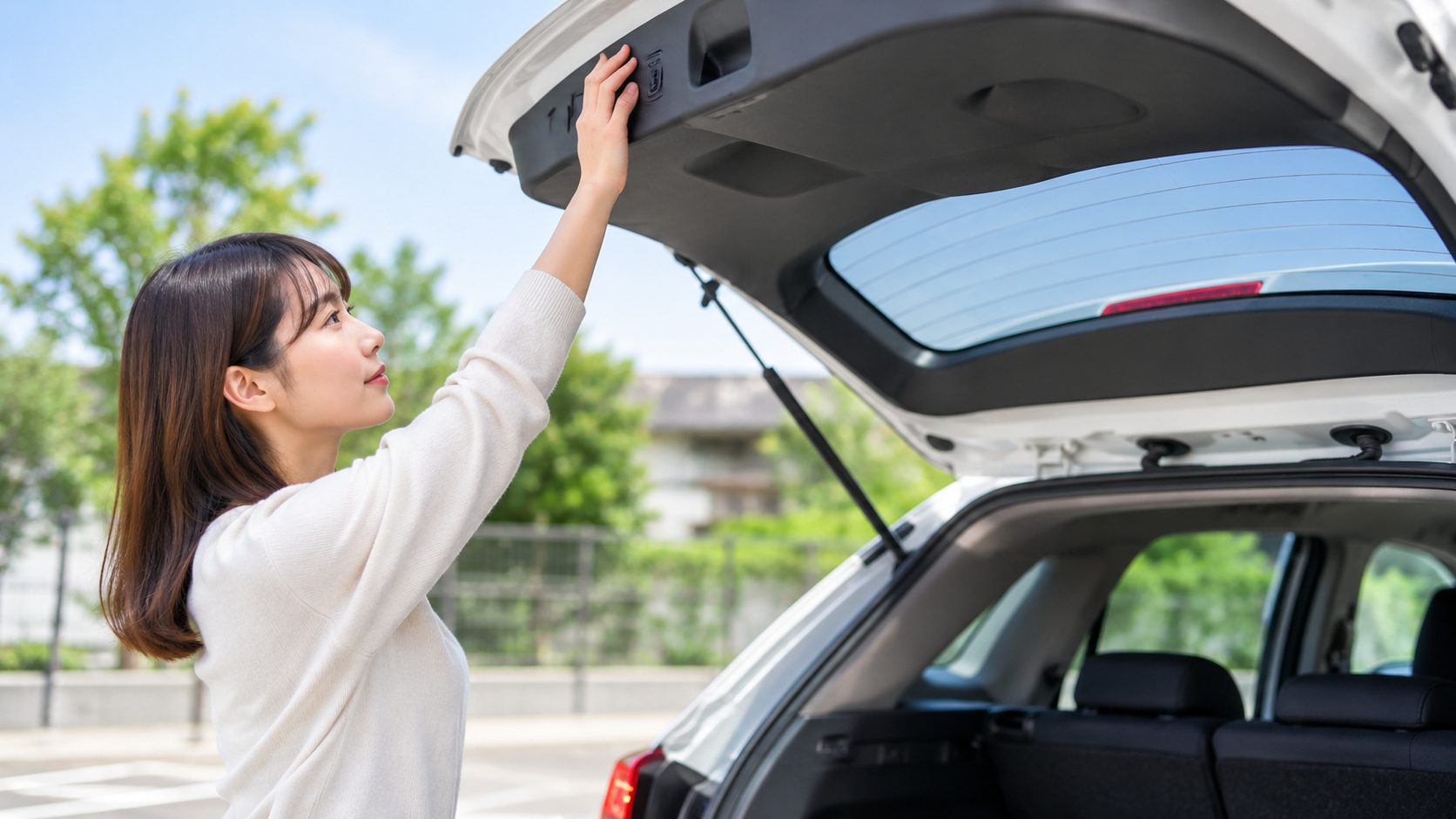 停車中の車の開いたバックドアに女性が手を添え、ドアの位置を確認している様子