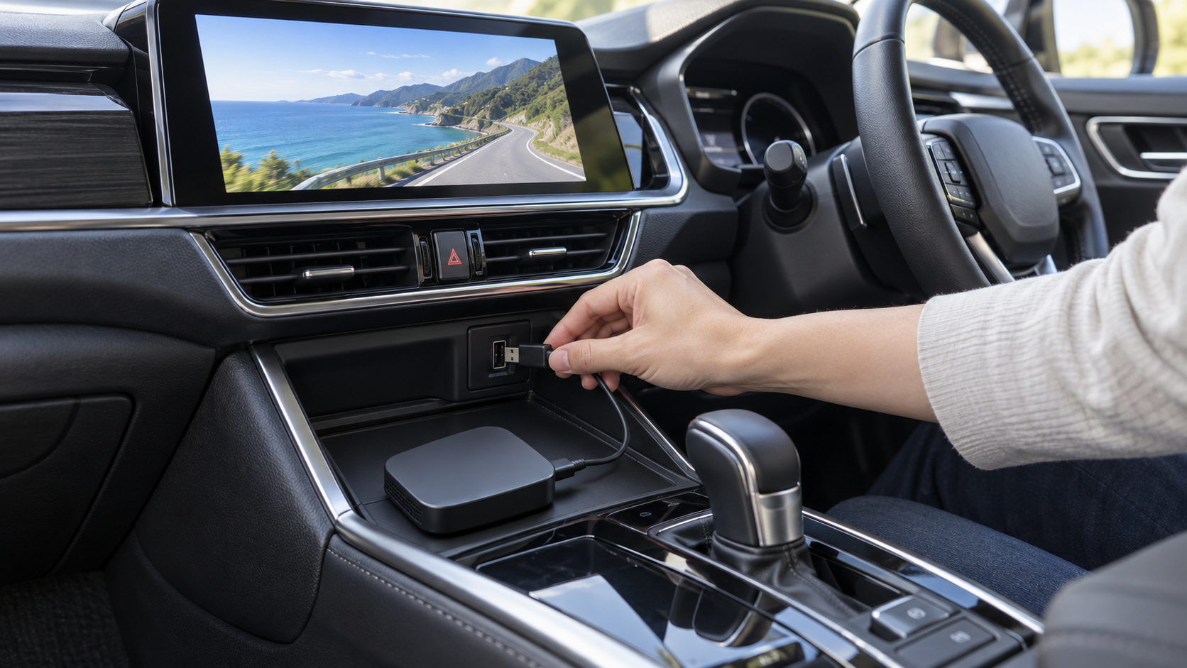 車内の小型AI Boxから伸びるUSBケーブルを車側のUSB端子に接続する手元