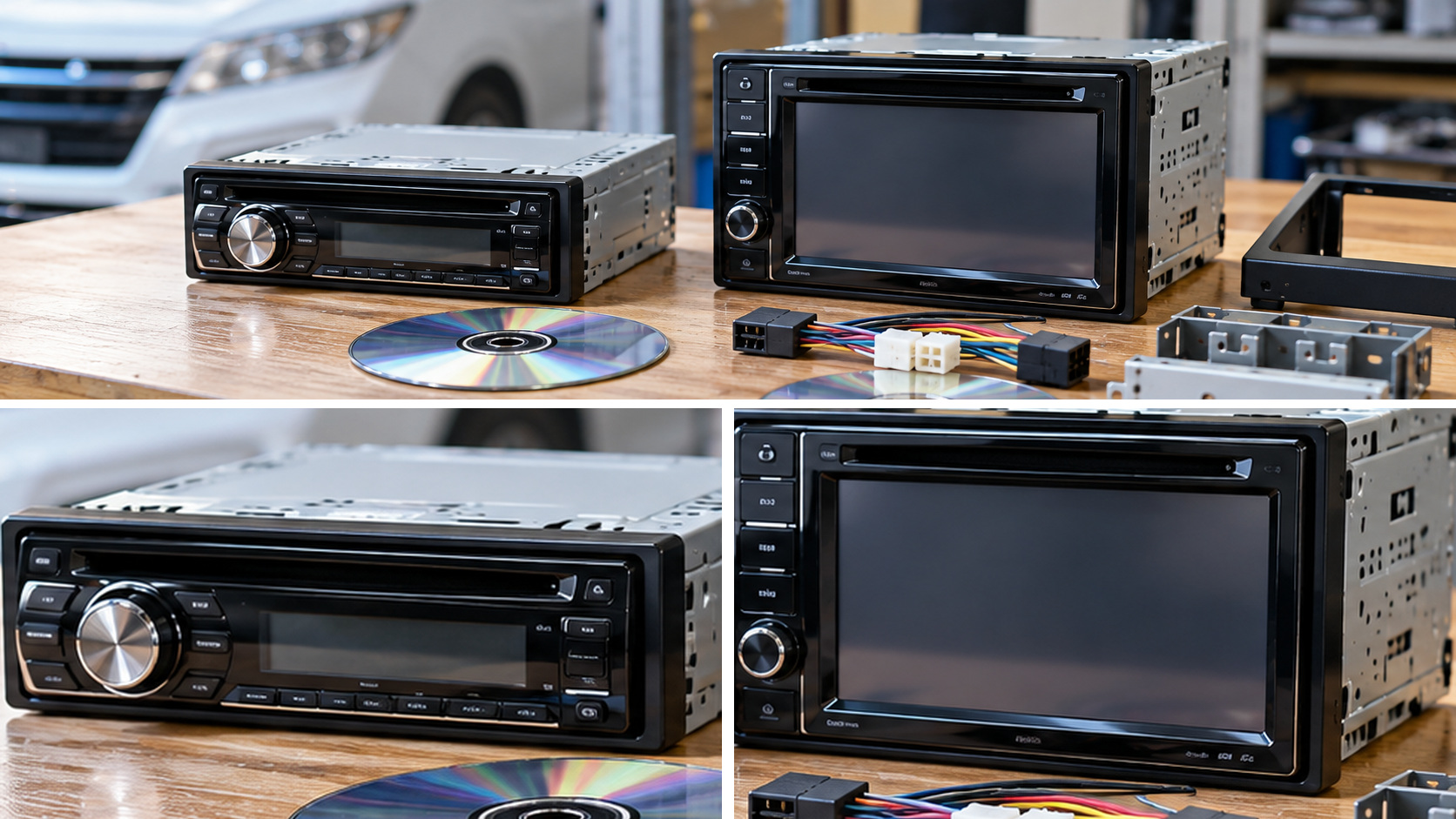 高さの異なるCD対応1DIN・2DINカーオーディオを取付部品とともに並べて比較した様子