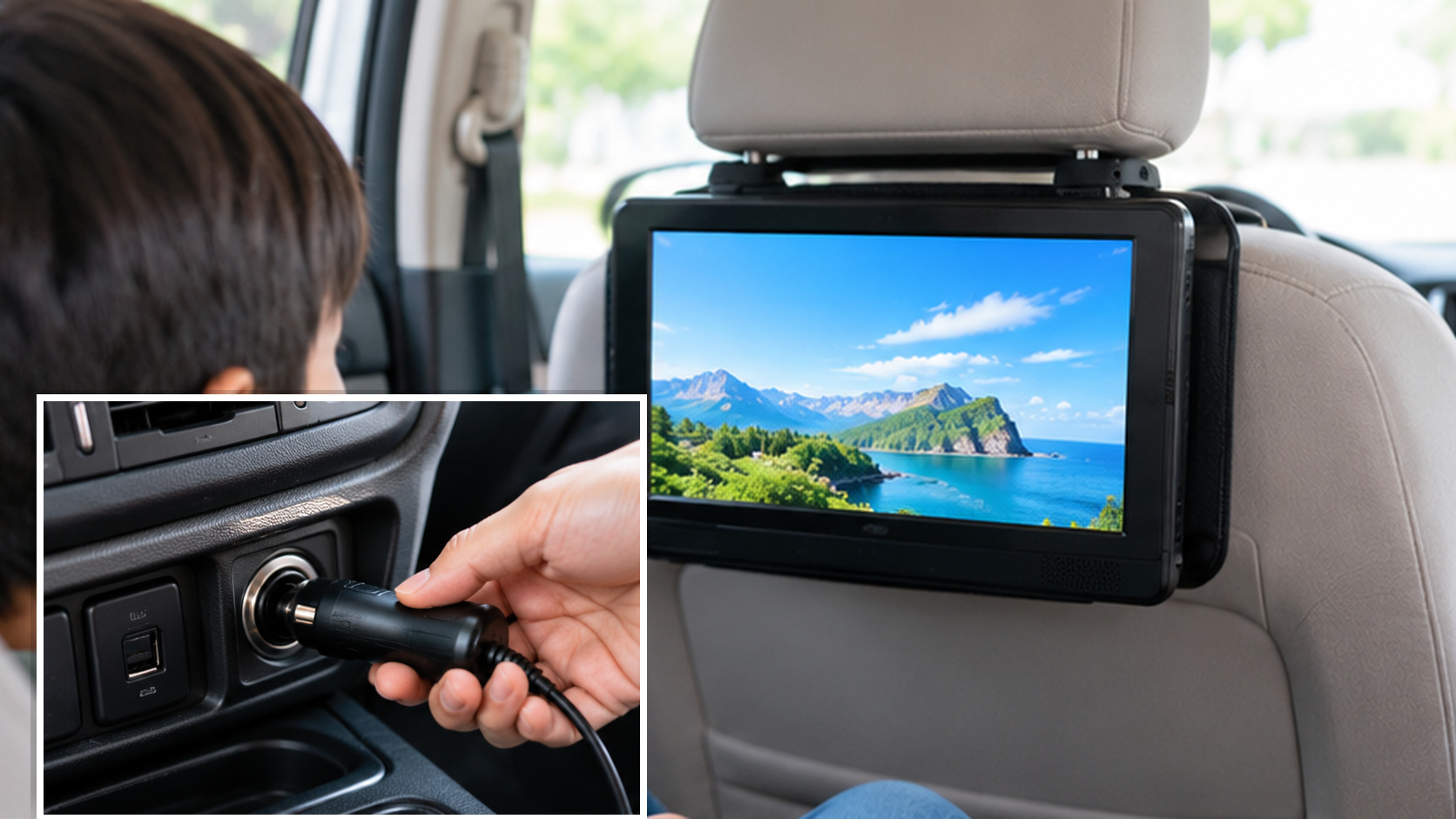 車載用電源アダプタの接続と、前席のヘッドレストに取り付けた後部座席用モニターの配置
