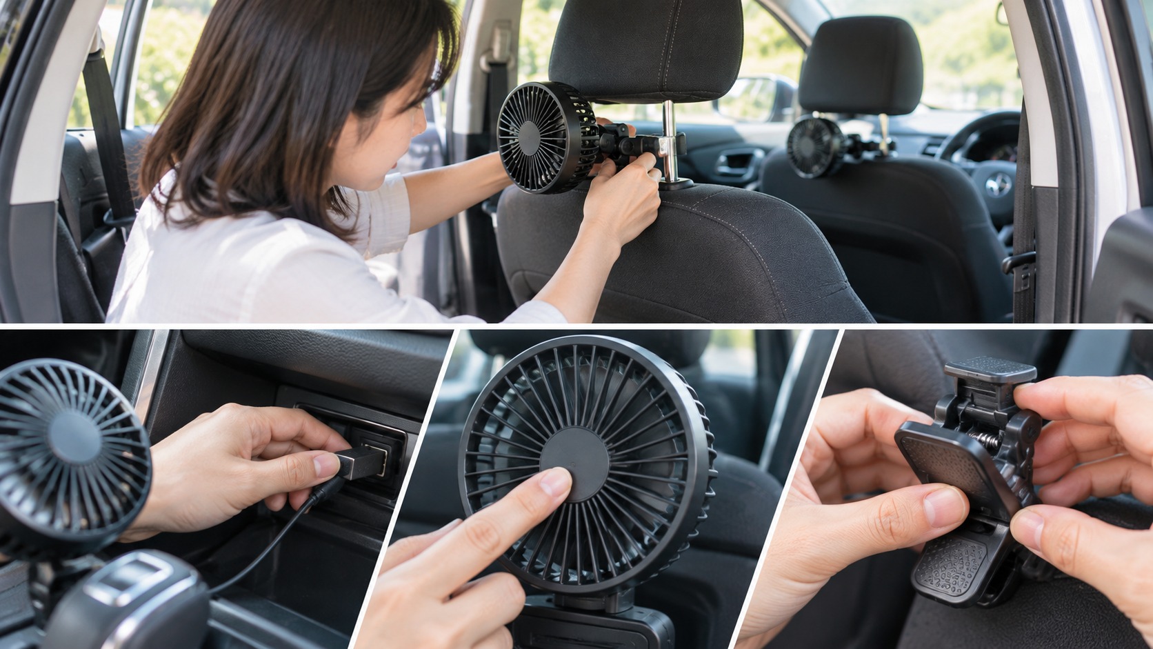 車のヘッドレストに小型扇風機を取り付け、USB接続や固定具の状態を確かめている様子