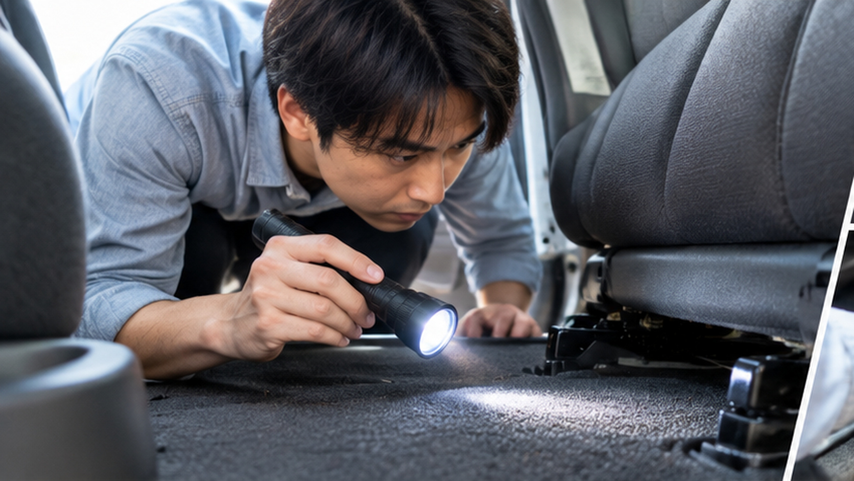 停車中の車内で懐中電灯を使い、ゴキブリが隠れそうなシート下を目で確かめる様子