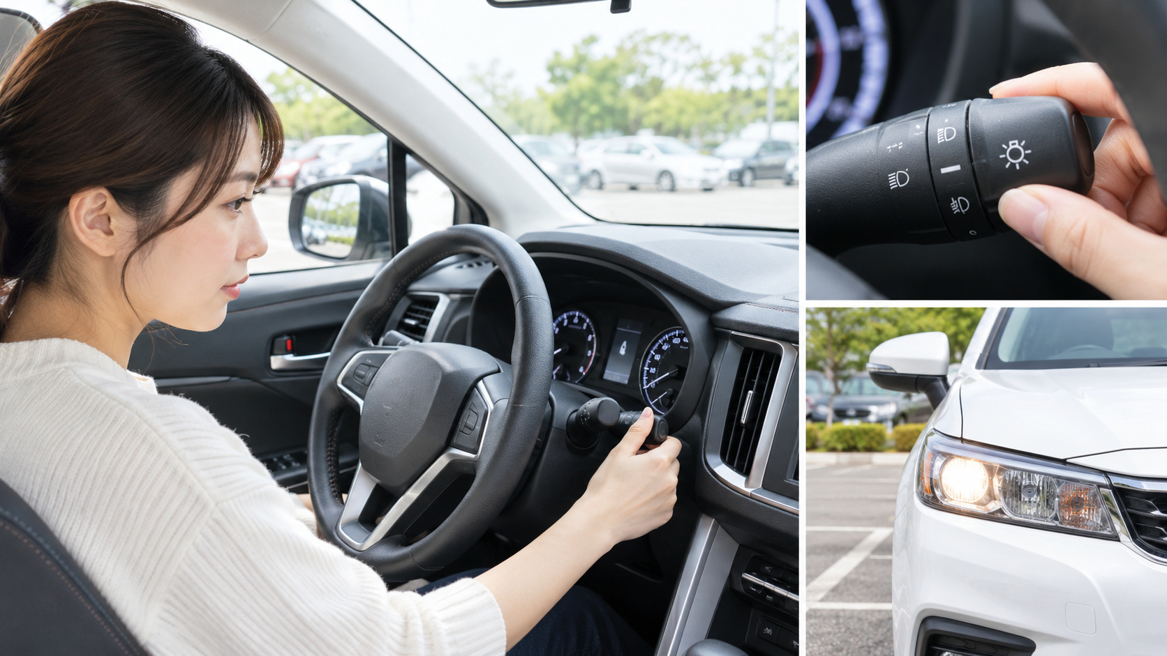 停車した車内でライトスイッチとメーターを確認し、車の前側のライトの点灯状態を確かめる様子