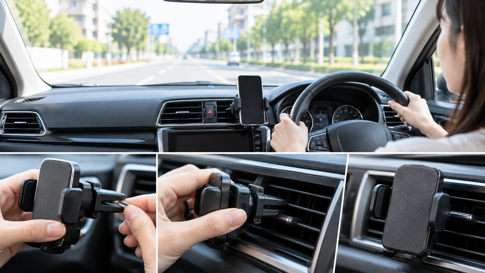 運転席から見た前方視界と、エアコン吹き出し口付近に取り付けたスマホホルダーの位置関係を示す車内の様子