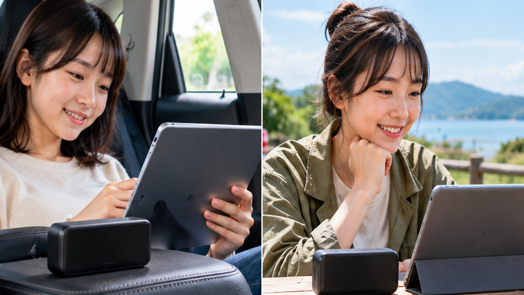 ポケット型Wi-Fiを車内と屋外に持ち運び、タブレットを利用する場面を並べた比較