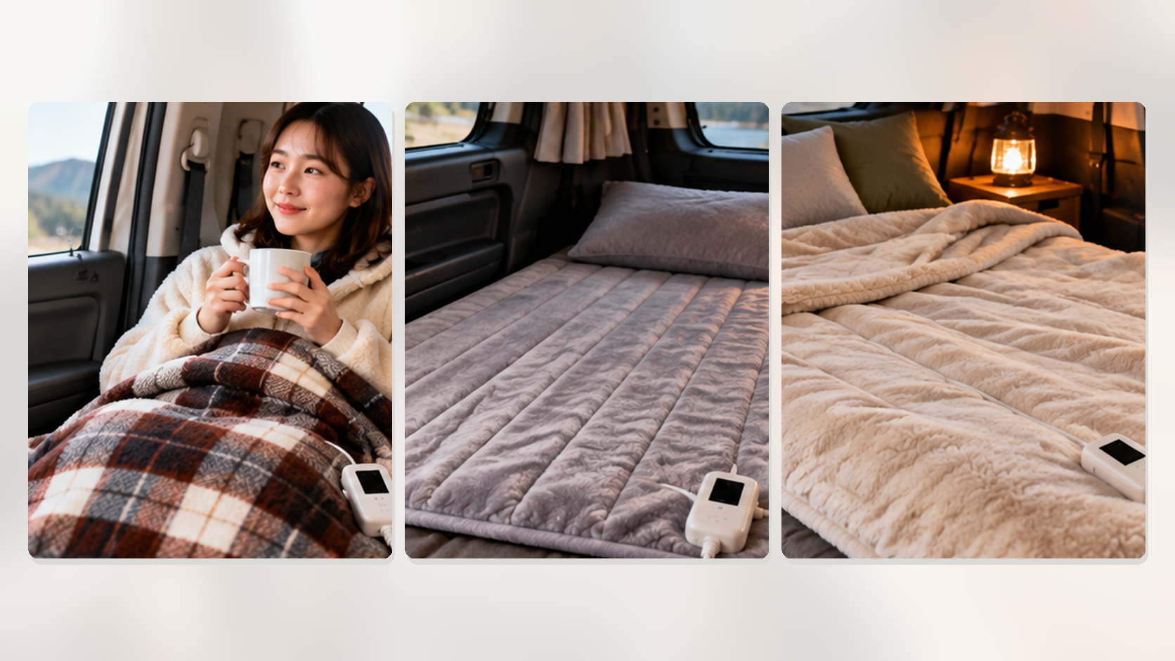 ひざ掛け、敷き毛布、掛け敷き用の電気毛布を車内で使う場面を並べた比較