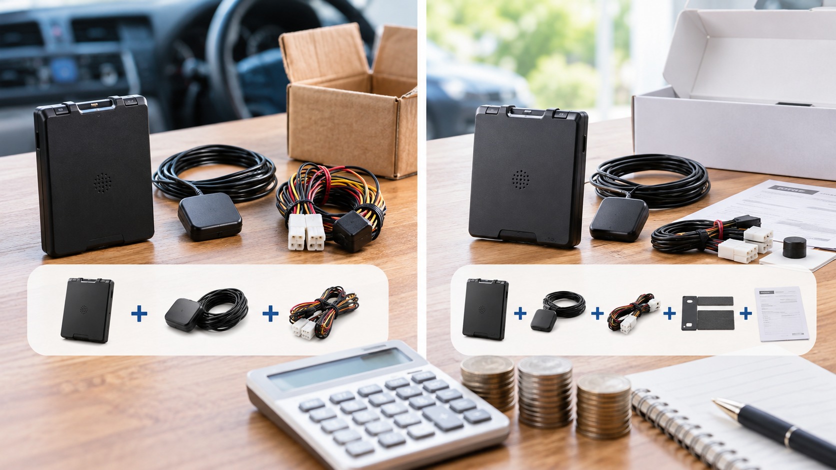 中古と新品のETC車載器や付属品を並べ、計算機で購入時の総費用を比べる構図