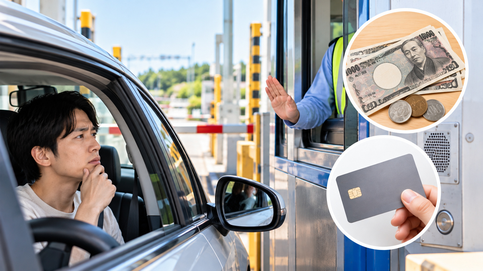 ETC専用料金所で係員の案内を受ける運転者と、通常の手渡し払いとは区別すべき現金・カードの補足場面