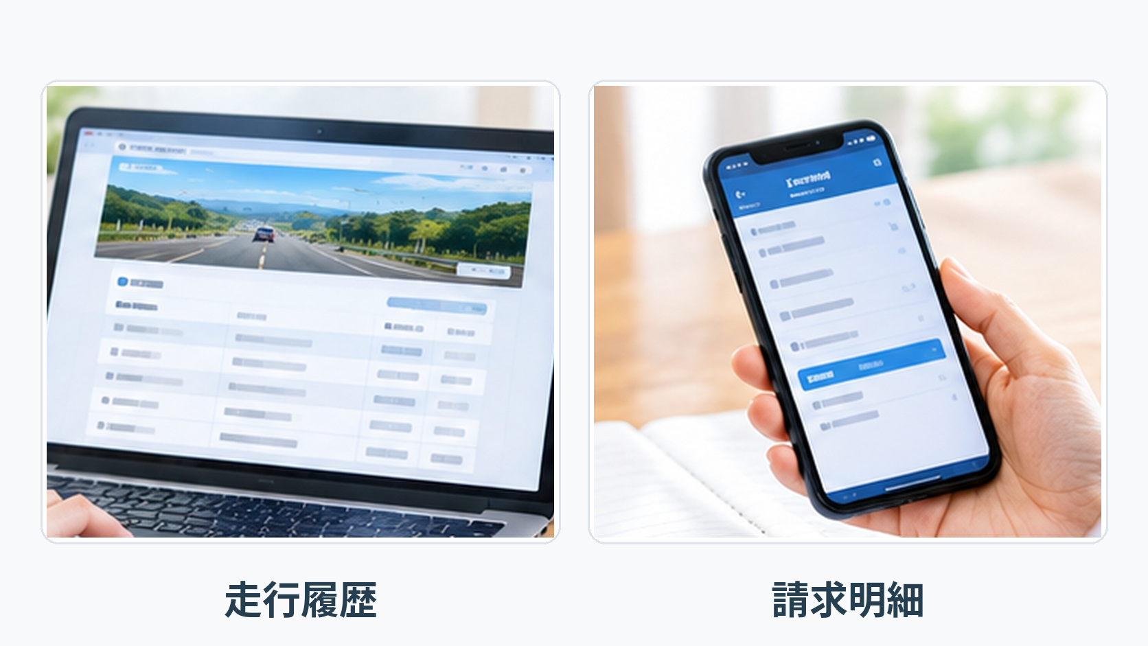 高速道路の走行履歴を確認する画面と、クレジットカードの請求明細を確認する画面を比較した図