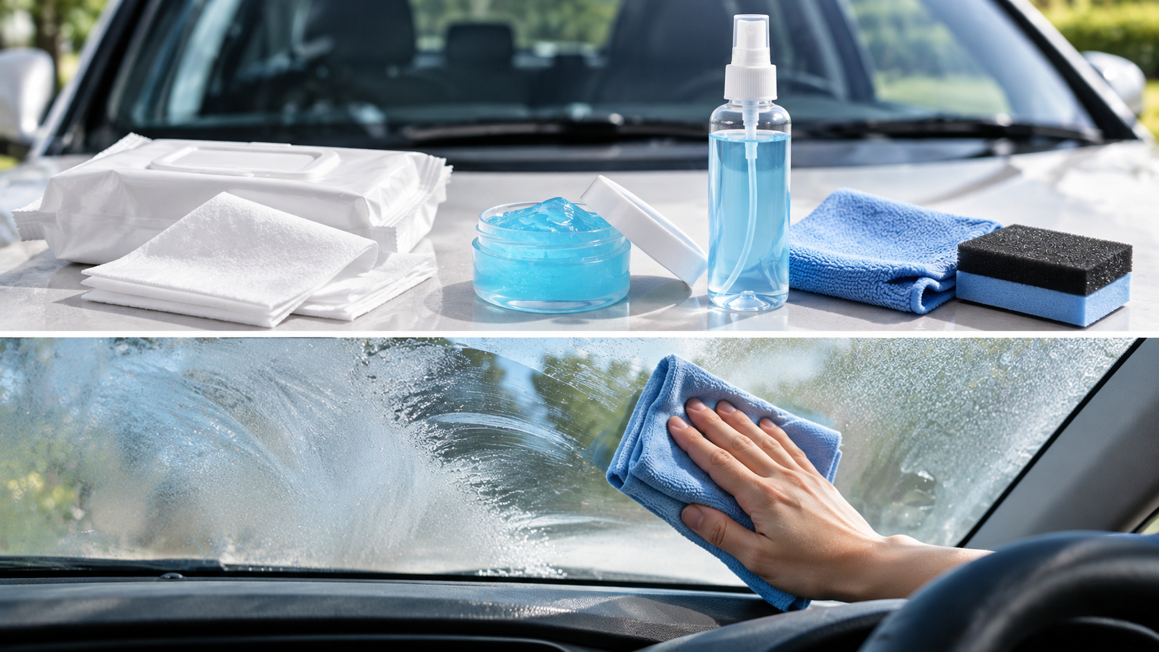 車用の曇り止めシートやジェル、液剤などの用品と、ガラスを拭く作業を上下で示した比較