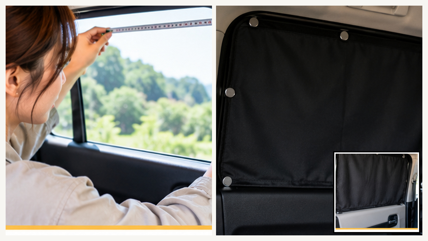 停車中の車の側面窓を採寸し、窓枠に黒いマグネットカーテンを取り付けて目隠しする様子
