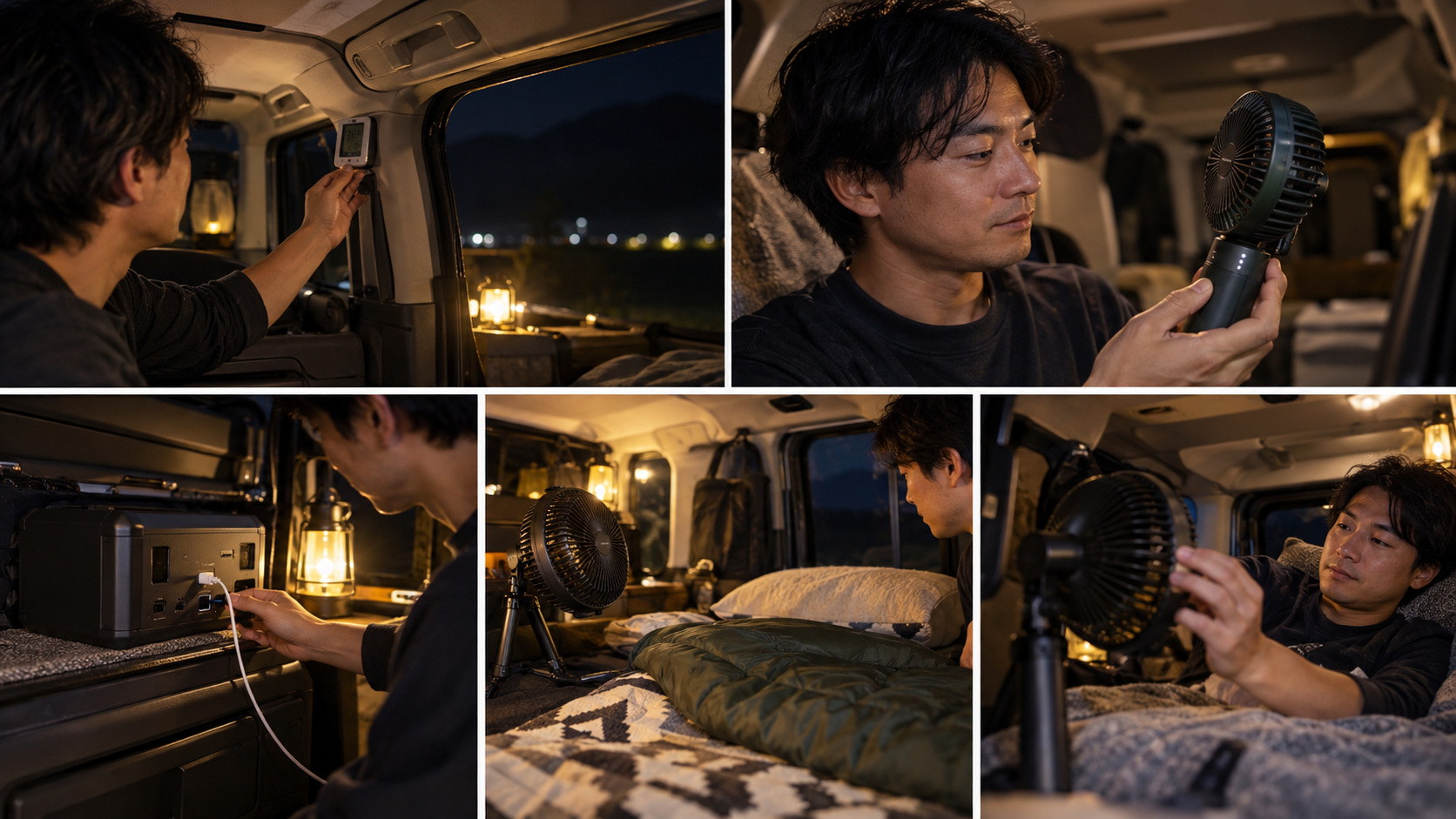 車中泊で眠る前に、車内の温度、扇風機の電源や残量、寝具との距離などを確認する複数の場面。