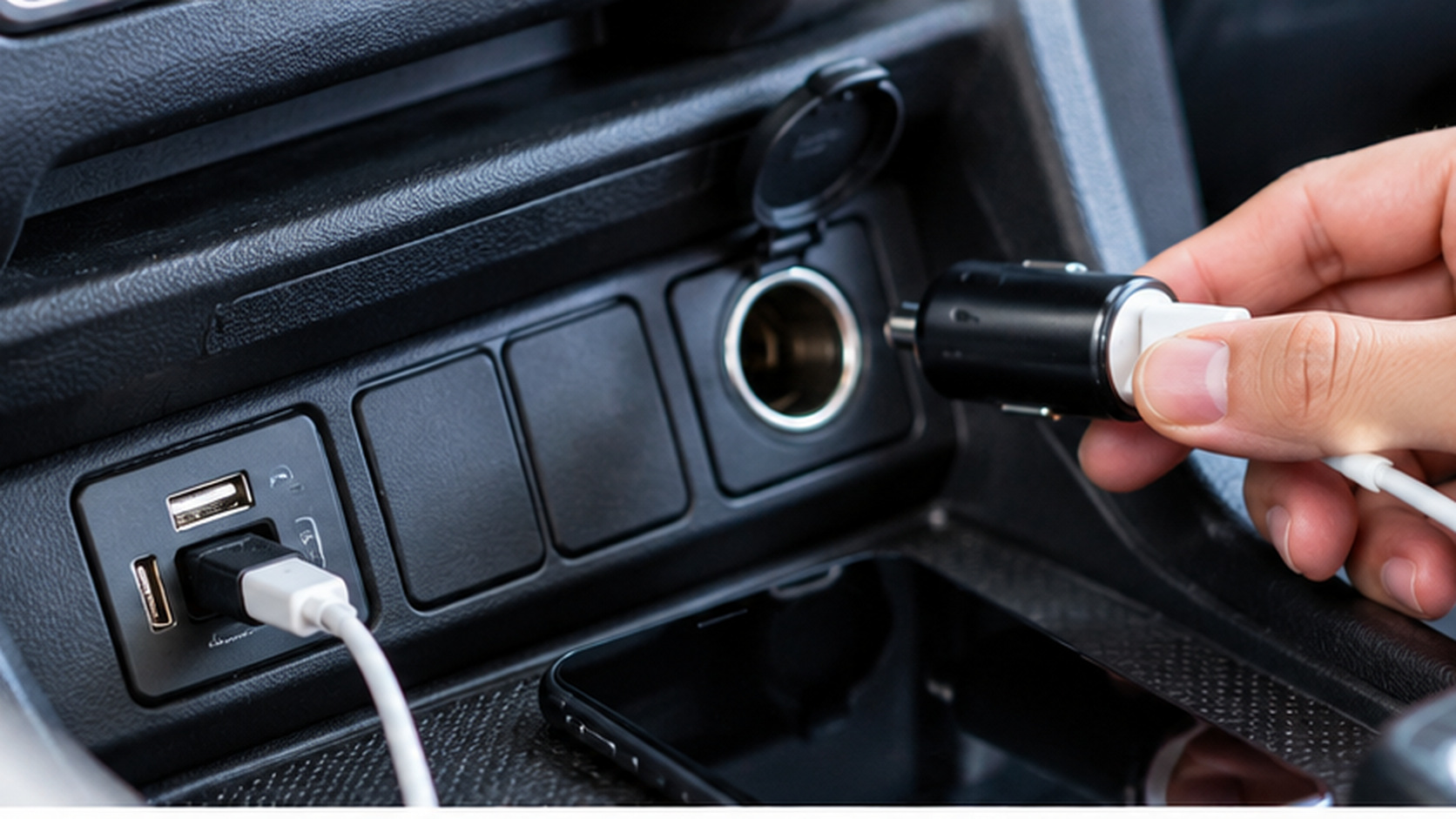 車内のUSB端子と12Vアクセサリーソケットを見ながら、車載充電器の接続を確認する手元