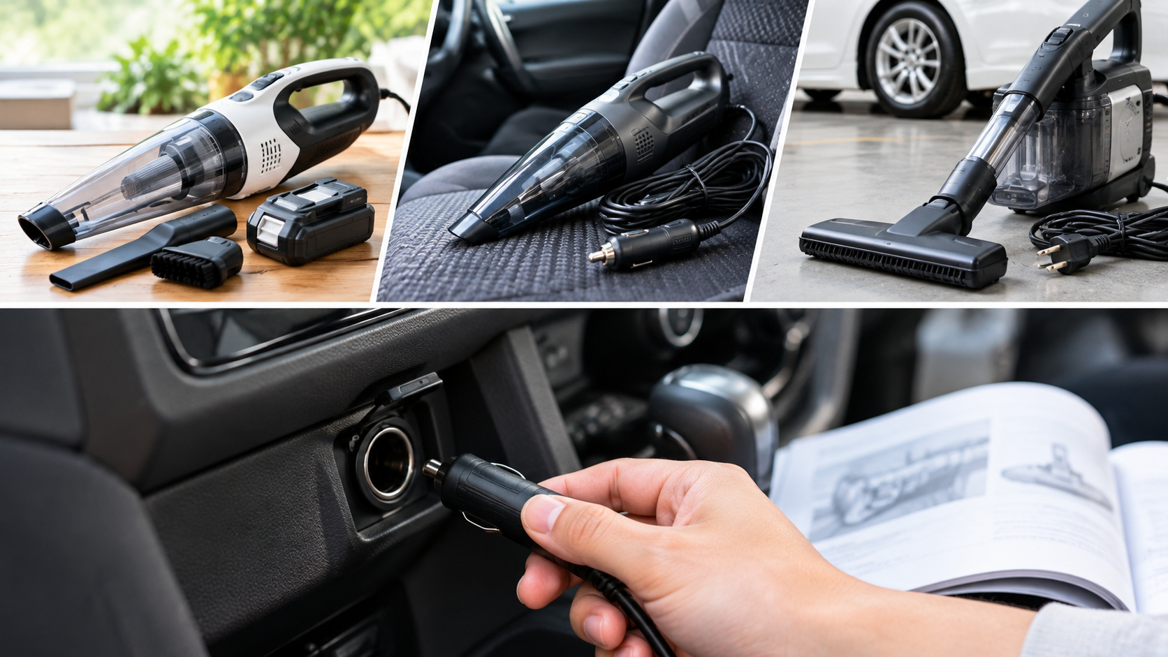 充電式、車のシガーソケット式、家庭用コード式の掃除機と、車内の電源プラグを比較