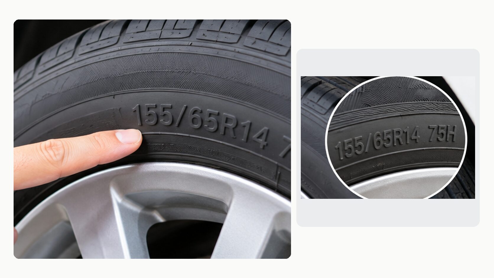 タイヤ側面の規格表示「155/65R14 75H」の位置を指で示し、拡大して確認する図解