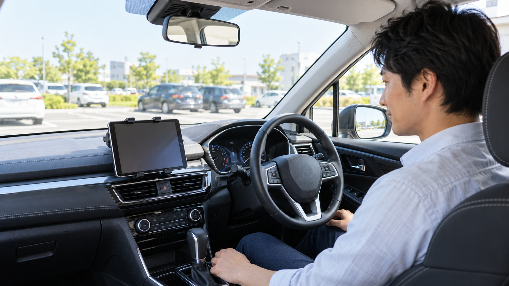駐車中の右ハンドル車で、前方の視界を妨げないタブレットの設置位置を確認する様子