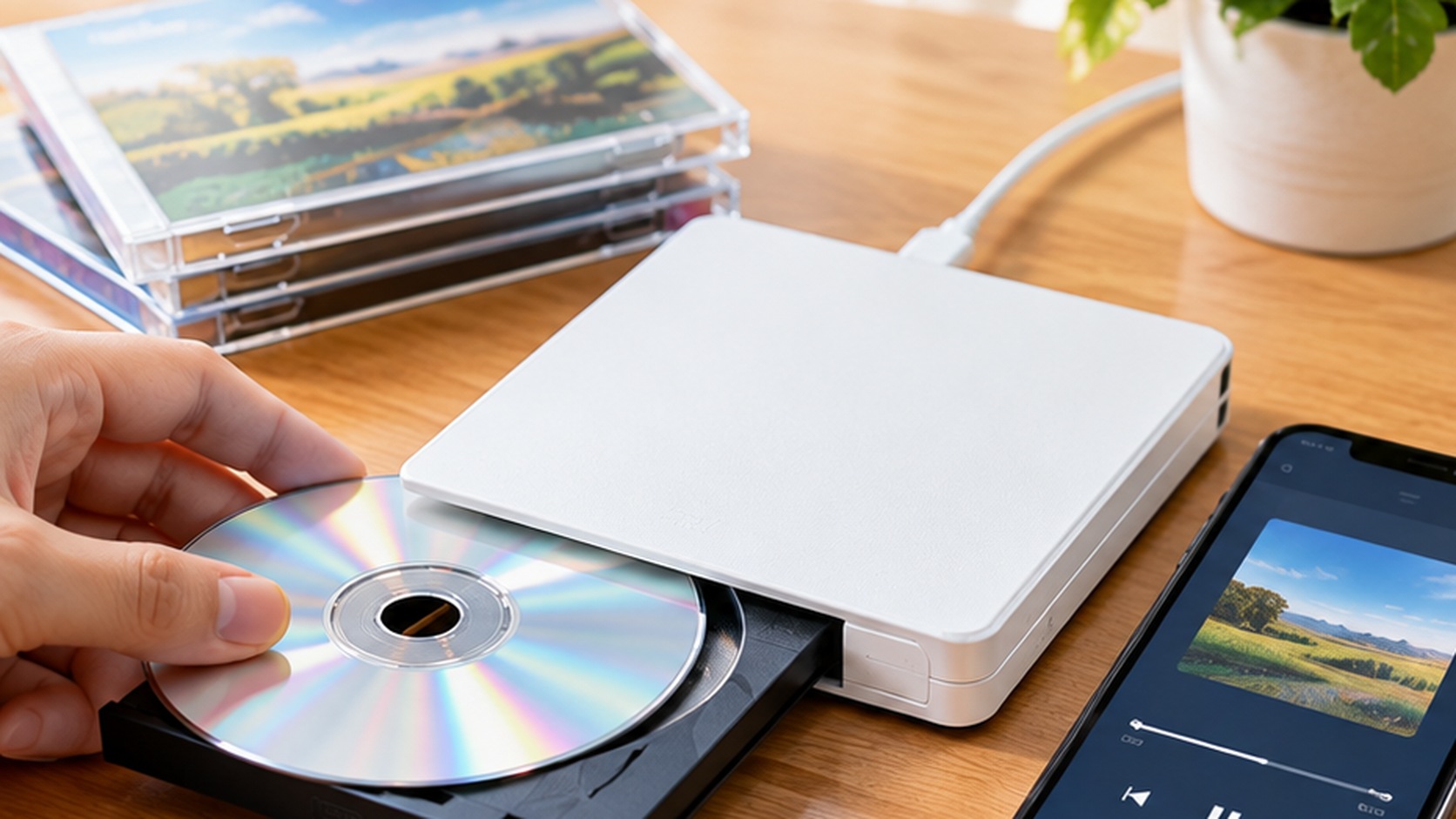 自宅でCDの曲をスマホに取り込む方法を検討するため、CDドライブとスマートフォンを並べた様子