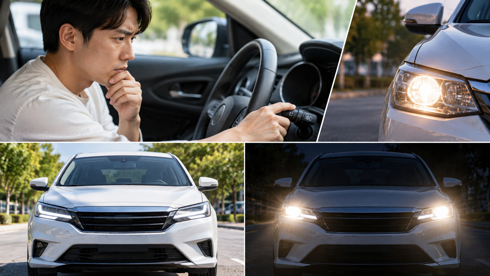 昼間にデイライトが点灯している車と、暗い時間帯にヘッドライトを点灯した車の見え方の比較
