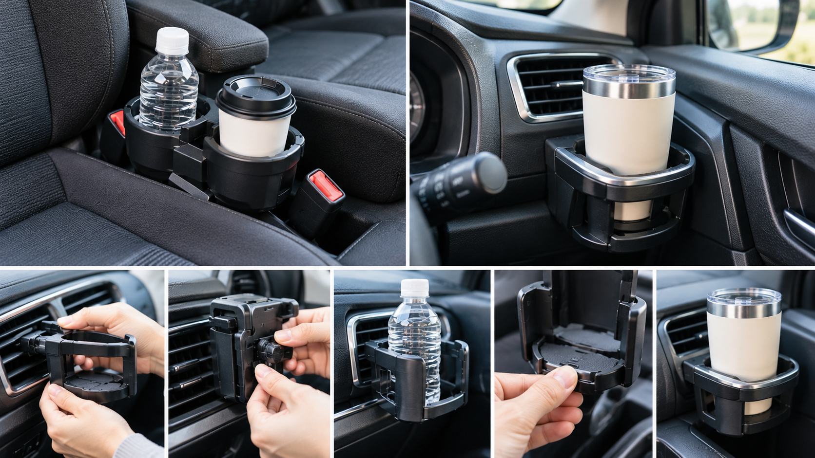 車内でドリンクホルダーの固定具を調整し、吹出口への取り付けと容器の収まりを確認する流れ
