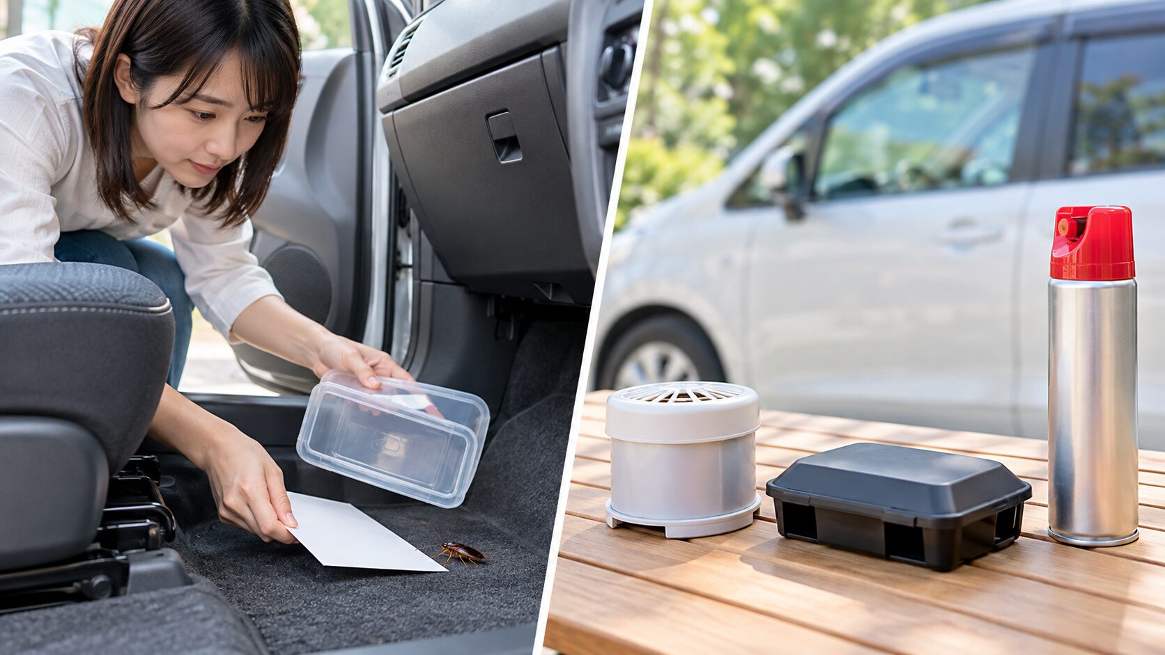 車内で見つけたゴキブリを容器で捕獲する方法と、使用前に確認したい駆除用品を比較して示した様子