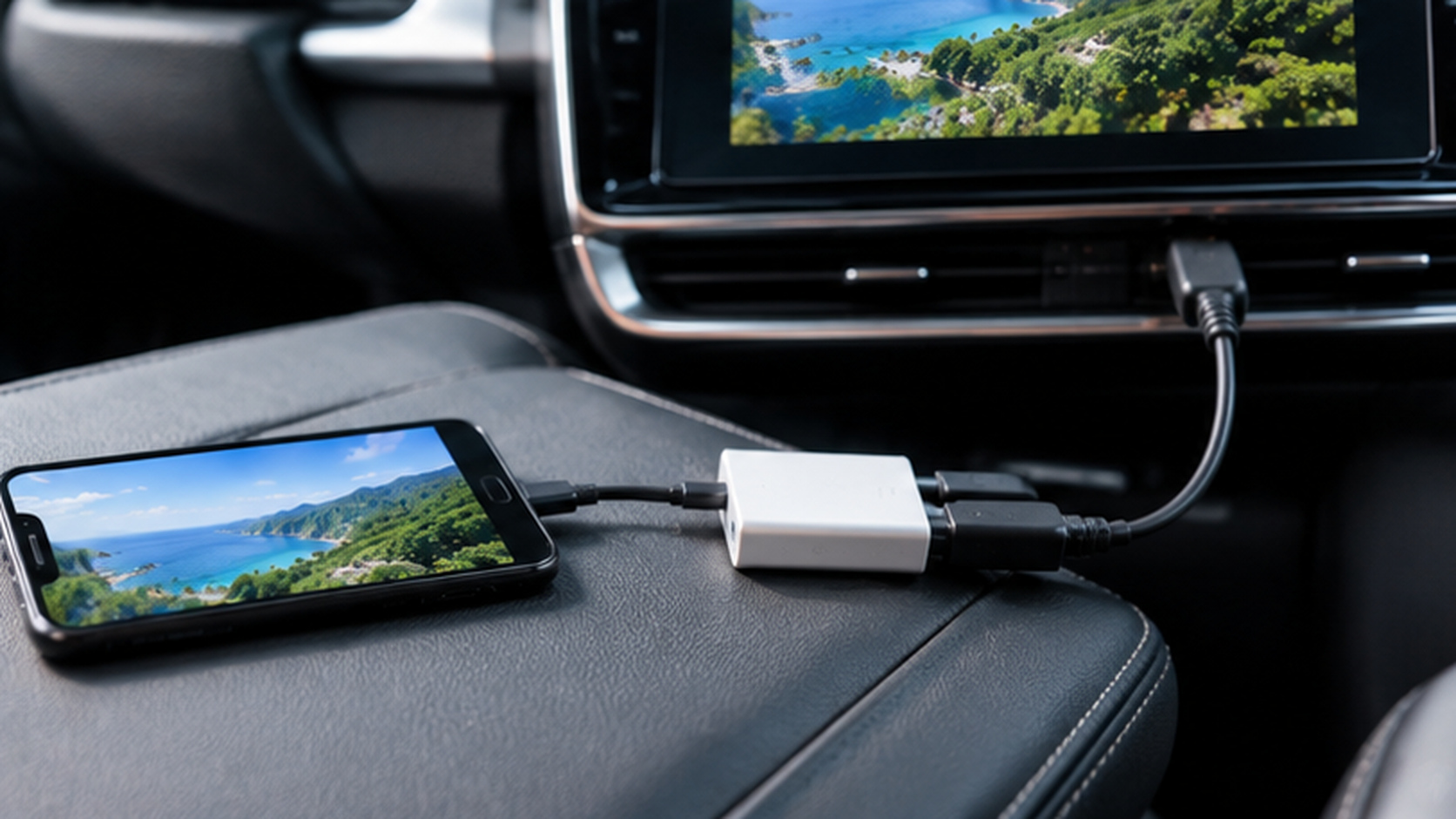 スマートフォンの映像を変換アダプタとHDMIケーブルを通して車載モニターに映す接続例
